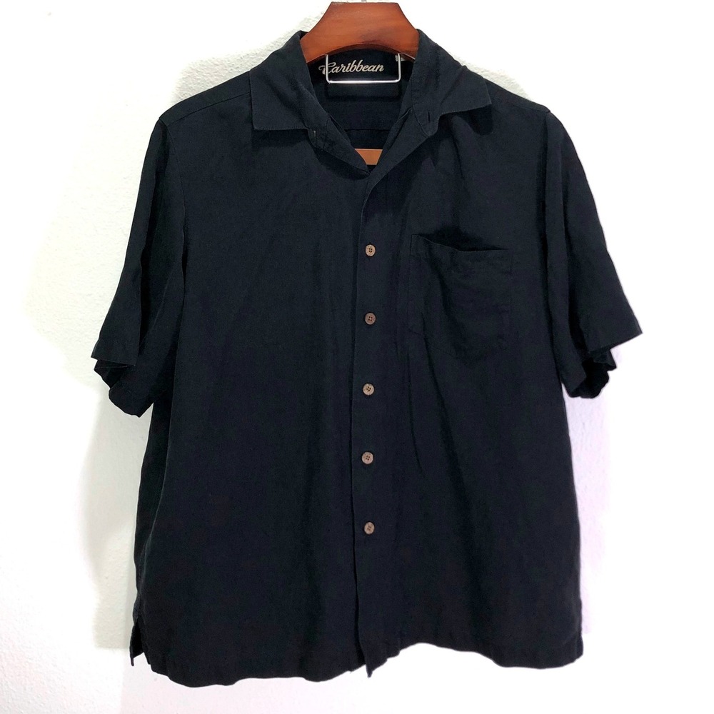 Caribbean Mens XL Black Silk Linen Blend Short Sleeve Camp Button Down Shirt